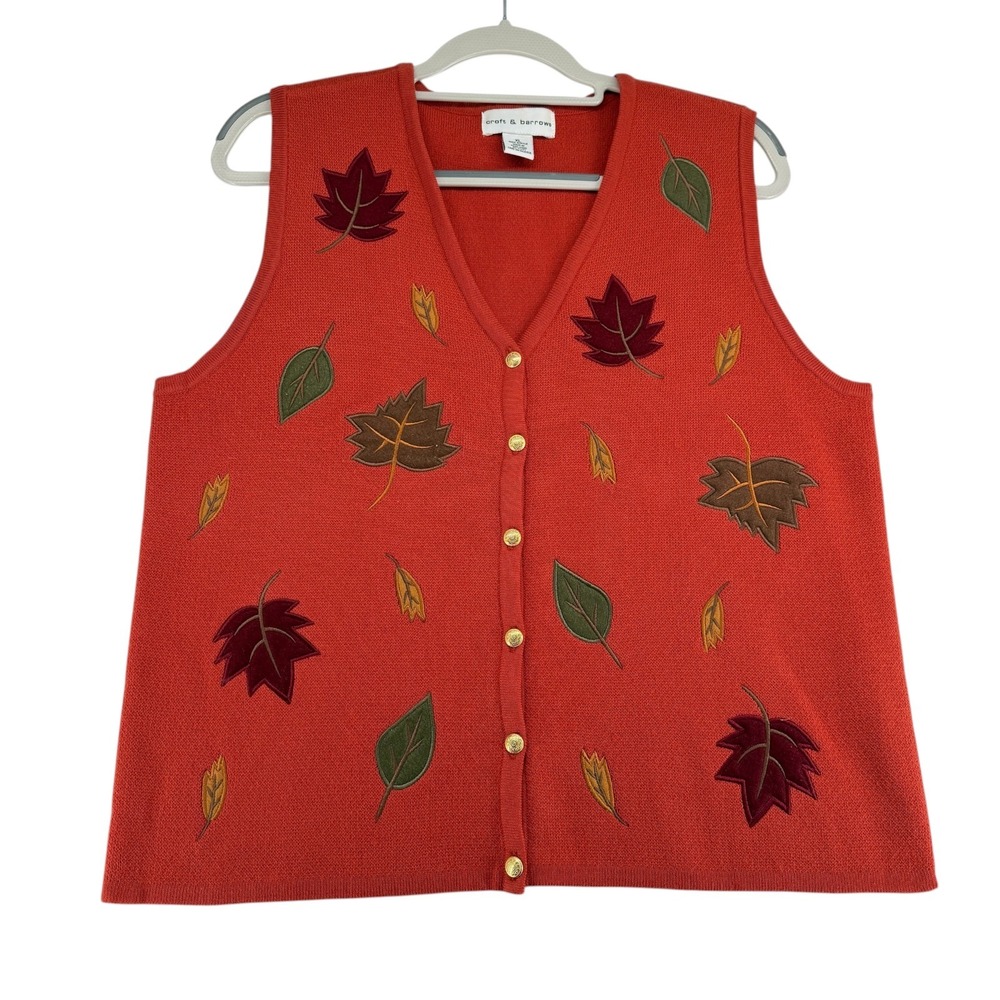 VTG Croft & Barrow Fall Leaf Appliqué Sweater Vest Gold Button Womens X-Large